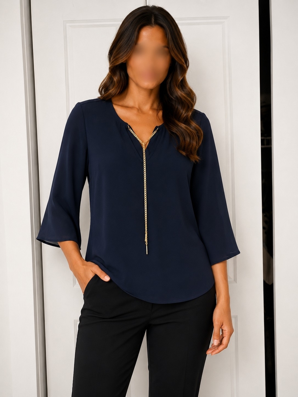 le chateau Navy V-Neck Sweater with Gold Chain Accent